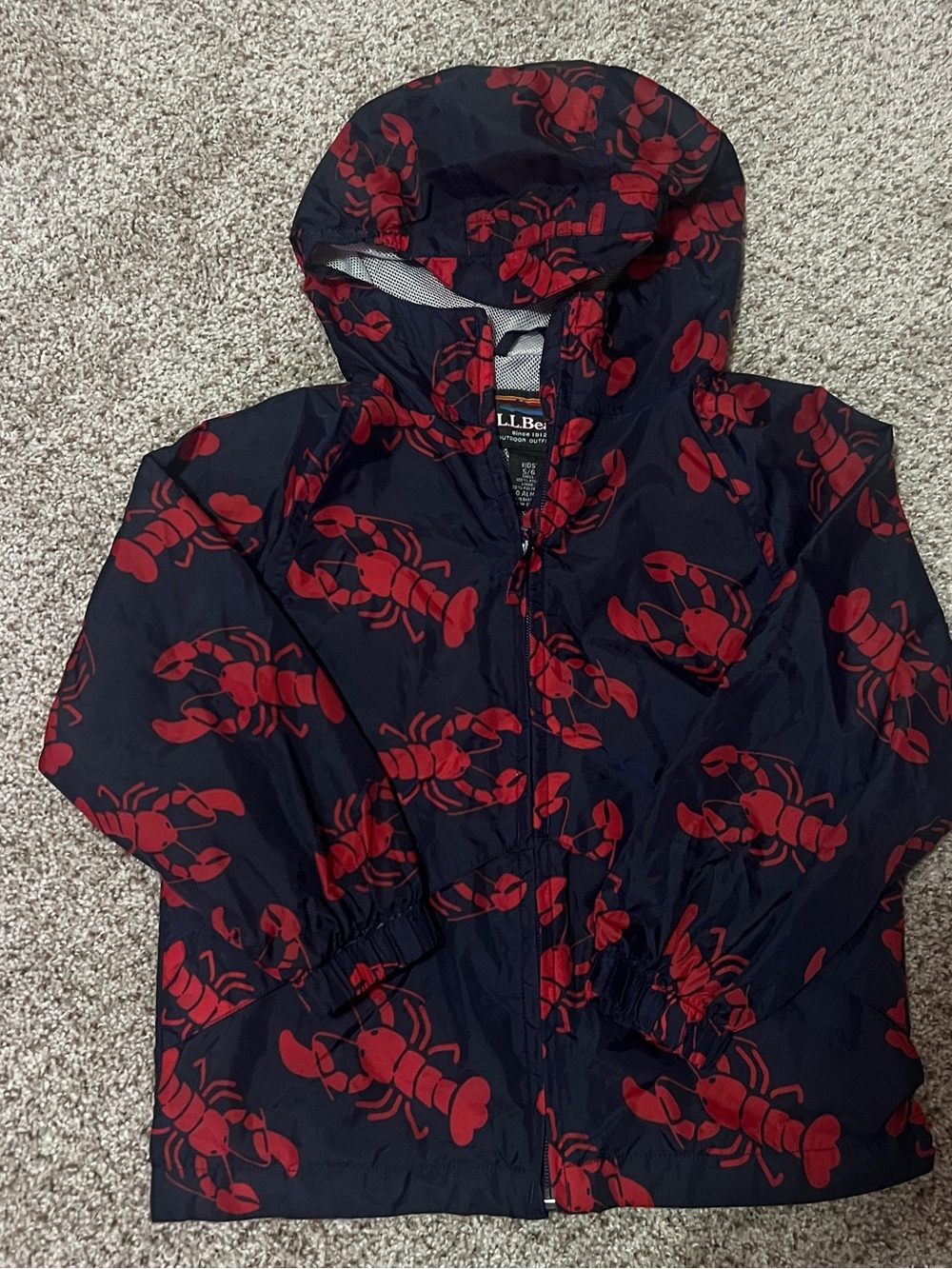 L.L. Bean Navy Hooded Jacket with Red Lobster Print